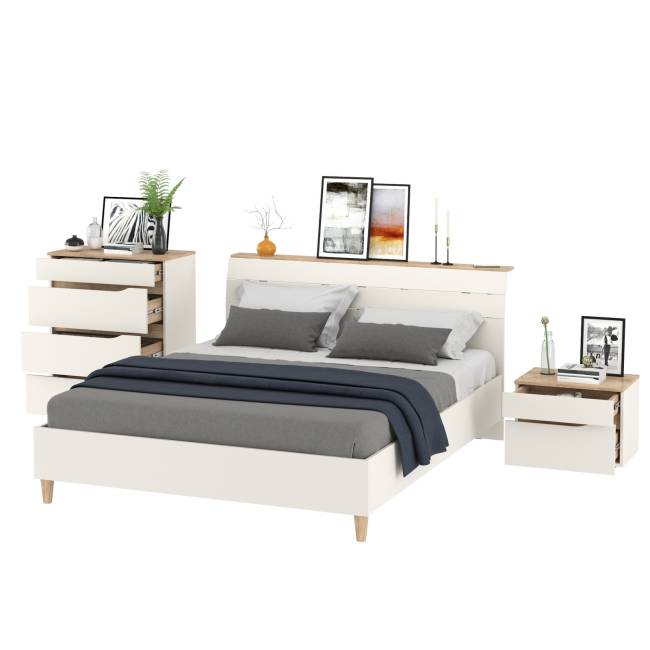 Муссон мебель для спальни: кровать 1600, основание, тумбочка и комод 4-ре ящика цвет белый/дуб эндгрейн элегантный Муссон мебель для спальни: кровать 1600, основание, тумбочка и комод 4-ре ящика цвет белый/дуб эндгрейн элегантный