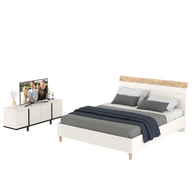 Кровать 11.41 Муссон 1600 с ортопедом и ТВ-тумба Квадро 13.276 цвет белый/чёрный/дуб эндгрейн элегантный
