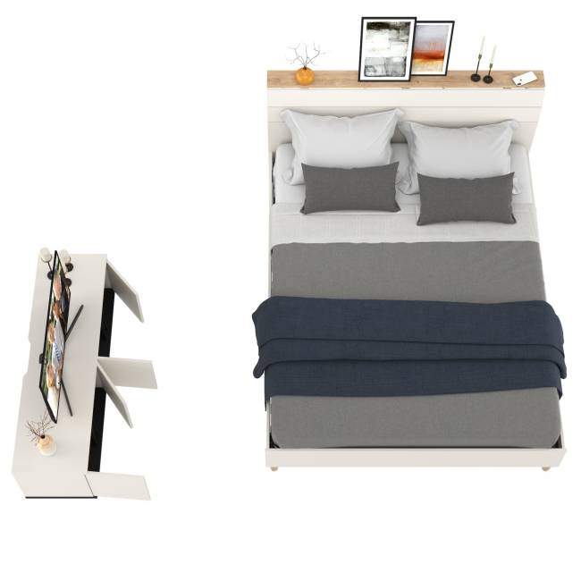 Кровать 11.41 Муссон 1600 с ортопедом и ТВ-тумба Квадро 13.276 цвет белый/чёрный/дуб эндгрейн элегантный