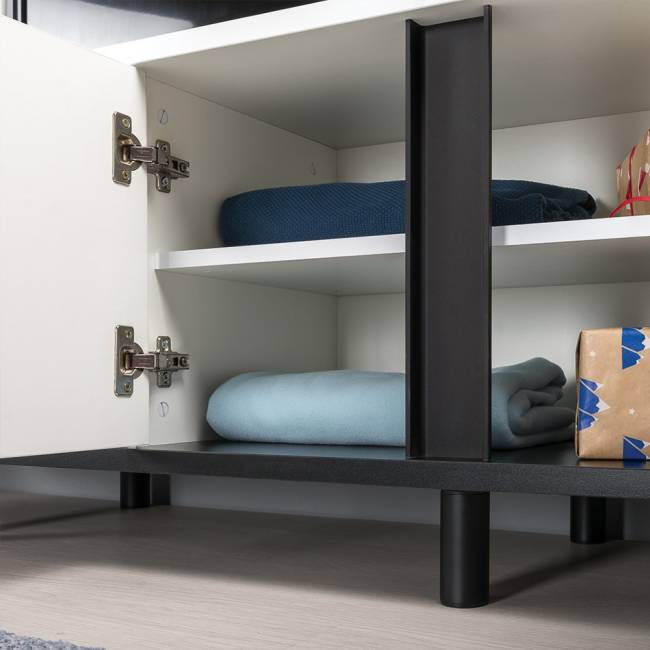 Кровать 11.41 Муссон 1600 с ортопедом и ТВ-тумба Квадро 13.276 цвет белый/чёрный/дуб эндгрейн элегантный