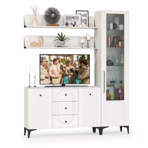 TV-тумба-комод с двумя навесными полками и пенал со стеклом в гостиную Валенсия цвет белый шагрень