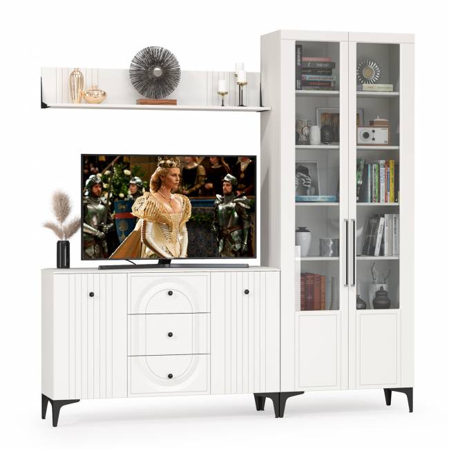 Комод с сервантом и навесной полкой Валенсия цвет белый шагрень Комод с сервантом и навесной полкой Валенсия цвет белый шагрень