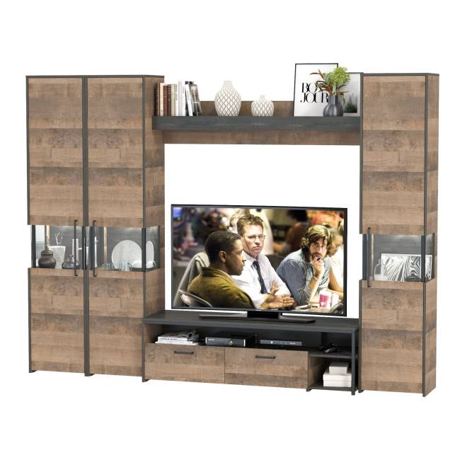 Три пенала-витрины в стиле лофт с подсветкой и тумба под ТВ Трувор цвет дуб гранж песочный/интра