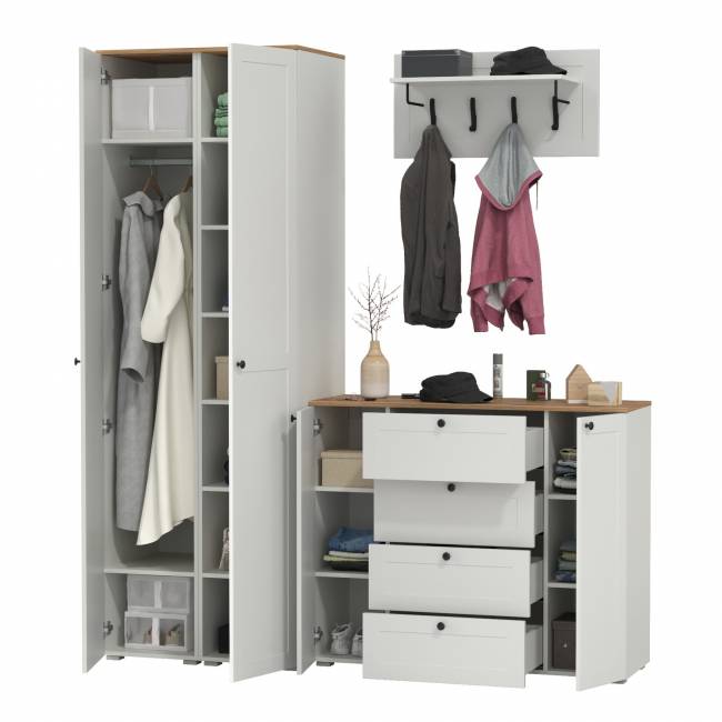 Большой комод две дверки четыре ящика с вешалкой с полкой и два шкаф-пенала Остин цвет белый шагрень/дуб крафт золотой Большой комод две дверки четыре ящика с вешалкой с полкой и два шкаф-пенала Остин цвет белый шагрень/дуб крафт золотой