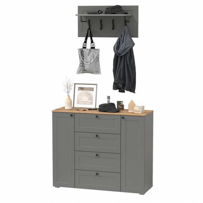 Комод четыре ящика и две дверки и вешалка для одежды Остин цвет серый графит/дуб крафт золотой Комод четыре ящика и две дверки и вешалка для одежды Остин цвет серый графит/дуб крафт золотой