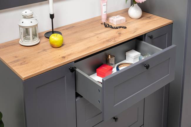 Комод четыре ящика и две дверки и вешалка для одежды Остин цвет серый графит/дуб крафт золотой Комод четыре ящика и две дверки и вешалка для одежды Остин цвет серый графит/дуб крафт золотой