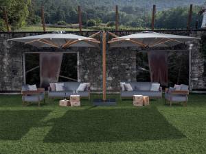 Зонт профессиональный двухкупольный 3.5х7.5 м Galaxia Dual T Timber имитация ироко, серебристо-серый 3500х7500 мм