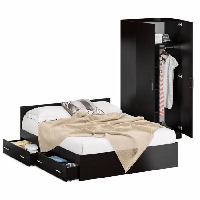 Двуспальная кровать с ящиками 1600 со шкафом для одежды 2-х створчатым Стандарт цвет венге Двуспальная кровать с ящиками 1600 со шкафом для одежды 2-х створчатым Стандарт цвет венге