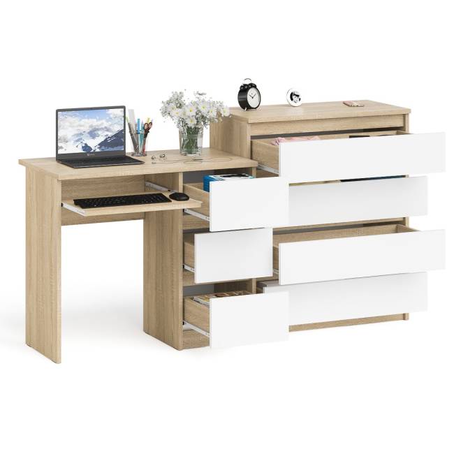 Стол компьютерный с ящиками МС-6 правый с комодом МК800 4 ящика Мори цвет дуб сонома/белый