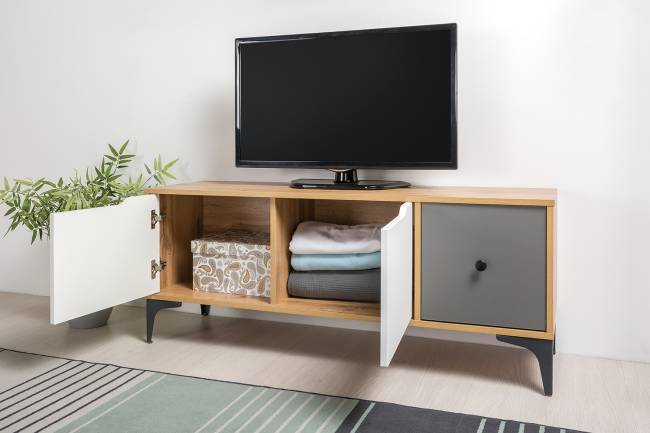 Тумба под ТВ Вайс 13.270.01 цвет дуб золотой/тёмно-серый/МДФ милк софт Тумба под ТВ Вайс 13.270.01 цвет дуб золотой/тёмно-серый/МДФ милк софт