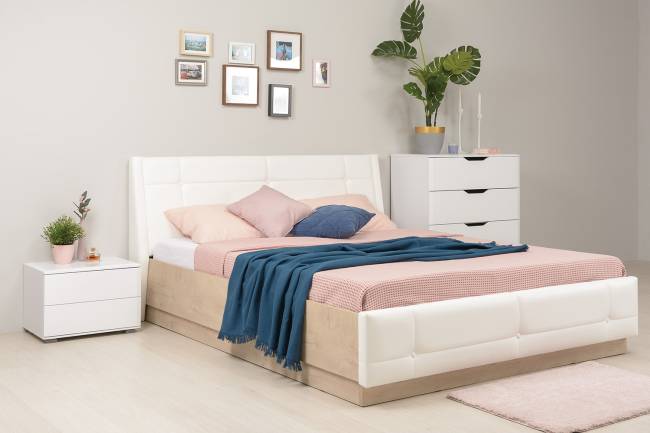 Кровать Муссон 11.28 цвет дуб эндгрейн элегантный/искусственная кожа белая