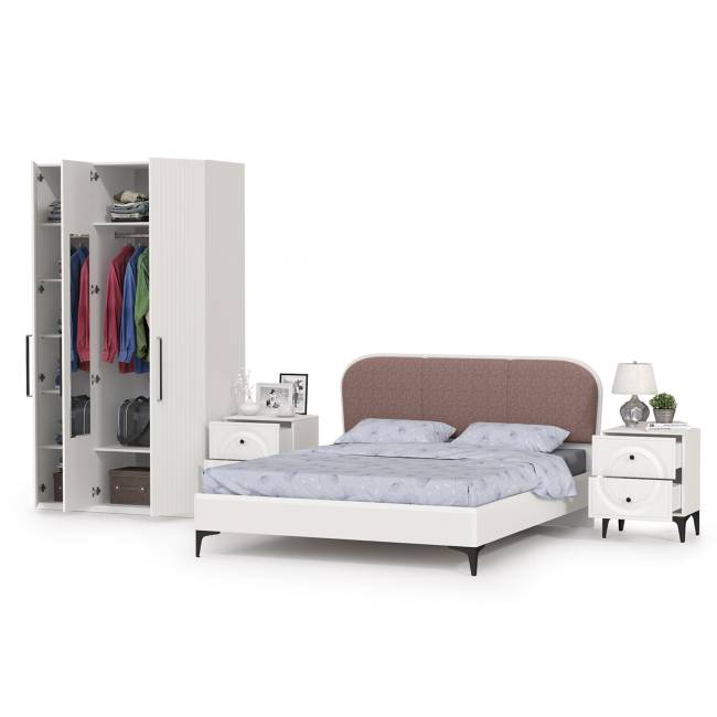 3-х дверный шкаф с кроватью с мягкой спинкой Валенсия 1600 и двумя тумбочками цвет белый шагрень/ткань велутто 19