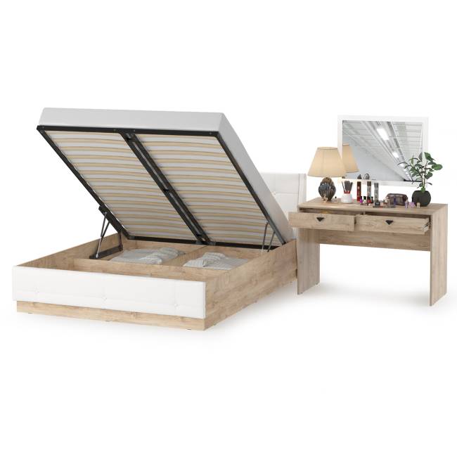 Кровать Муссон с подъёмным ортопедом и стол Бостон с зеркалом цвет белый/дуб эндгрейн элегантный/кожзам белый