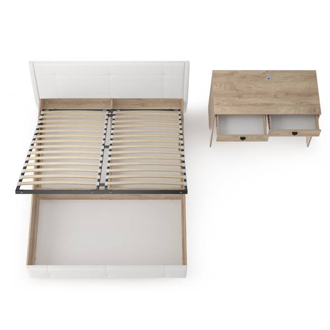 Кровать Муссон с подъёмным основанием и туалетным столиком цвет дуб эндгрейн элегантный/искусственная кожа белая Кровать Муссон с подъёмным основанием и туалетным столиком цвет дуб эндгрейн элегантный/искусственная кожа белая