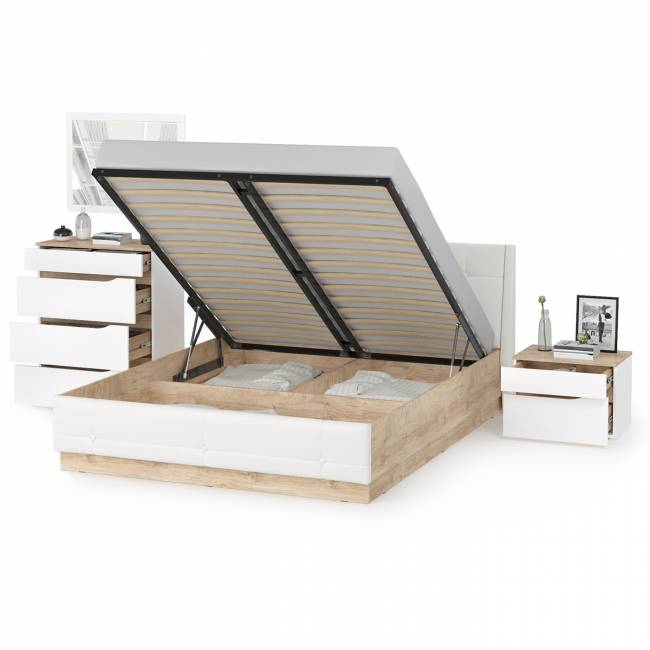 Кровать с подъёмным ортопедом Муссон 1600 с тумбочкой и комодом с зеркалом СВК цвет белый/дуб эндгрейн элегантный/кожзам белый Кровать с подъёмным ортопедом Муссон 1600 с тумбочкой и комодом с зеркалом СВК цвет белый/дуб эндгрейн элегантный/кожзам белый